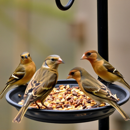 Birds gathered around seed-filled tray