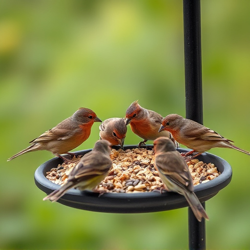 Birds gathered around seed-filled tray