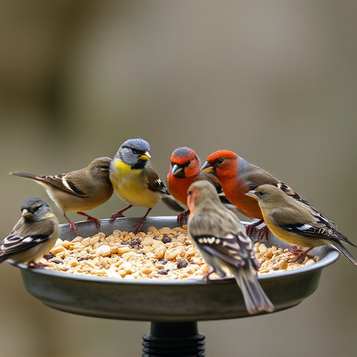 Birds gathered around seed-filled tray