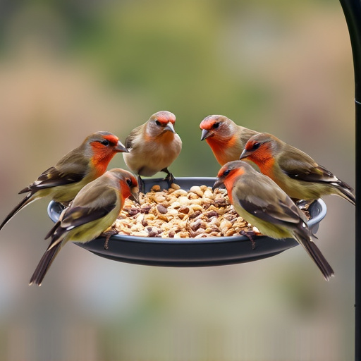 Birds gathered around seed-filled tray