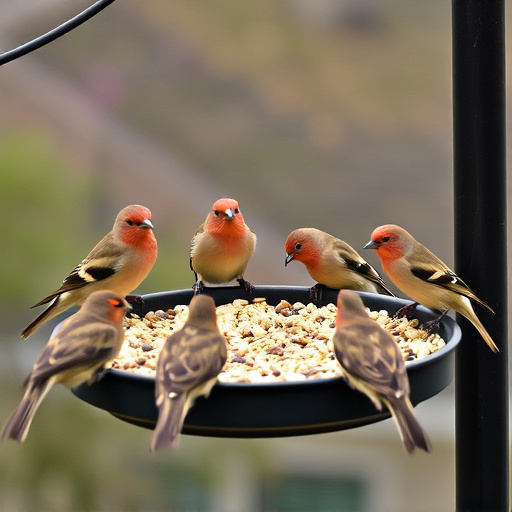 Birds gathered around seed-filled tray