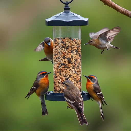 Birds gathering around hanging suet feeder