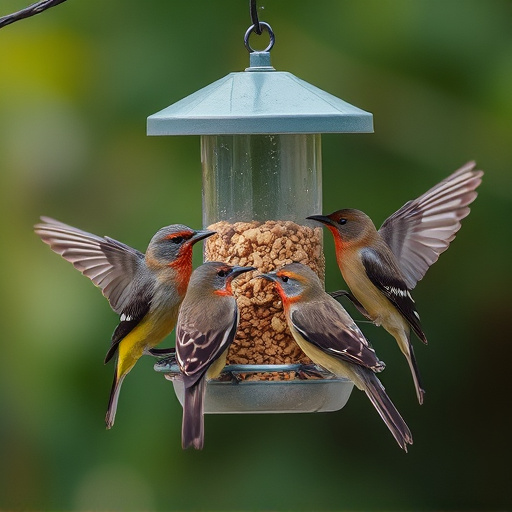 Birds gathering around hanging suet feeder