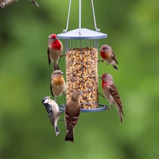 Birds gathering around hanging suet feeder