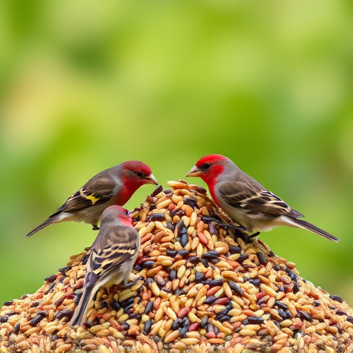 Birds pecking at abundant seed pile