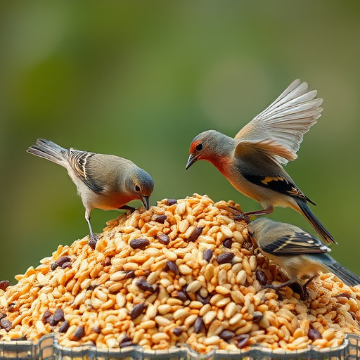 Birds pecking at abundant seed pile