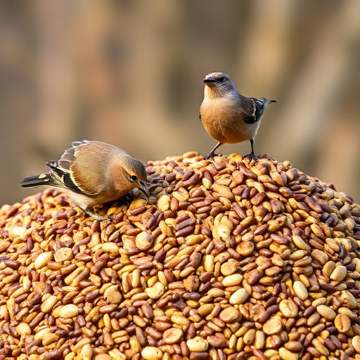 Birds pecking at abundant seed pile