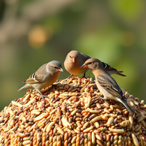 Birds pecking at abundant seed pile