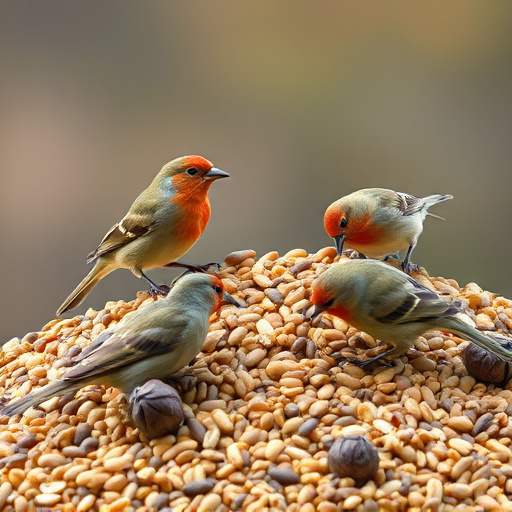 Birds pecking at abundant seed pile