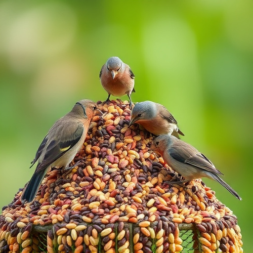 Birds pecking at abundant seed pile