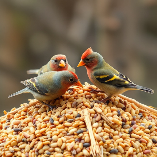 Birds pecking at abundant seed pile
