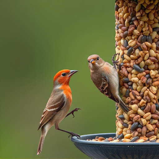 Birds pecking at mixed seed blend