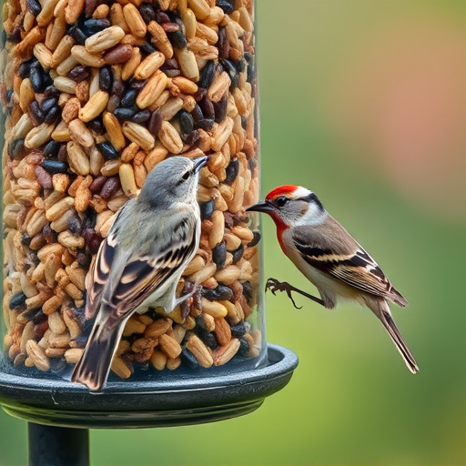 Birds pecking at mixed seed blend