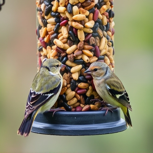 Birds pecking at mixed seed blend