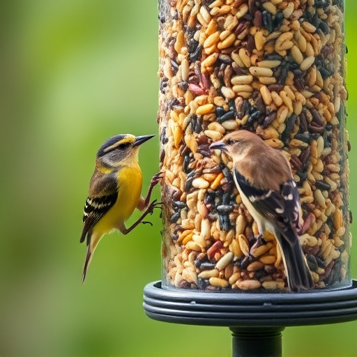 Birds pecking at mixed seed blend