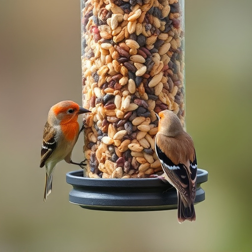 Birds pecking at mixed seed blend