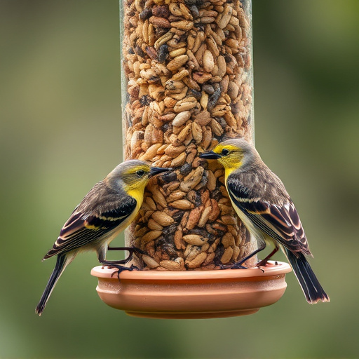 Birds pecking at mixed seed blend