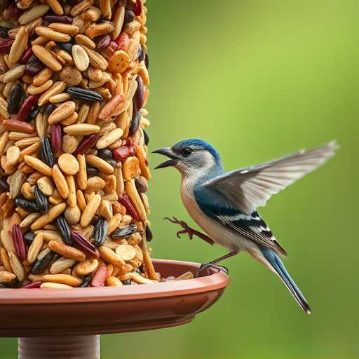 Birds pecking at mixed seed blend