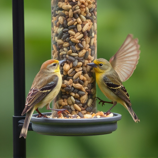 Birds pecking at mixed seed blend