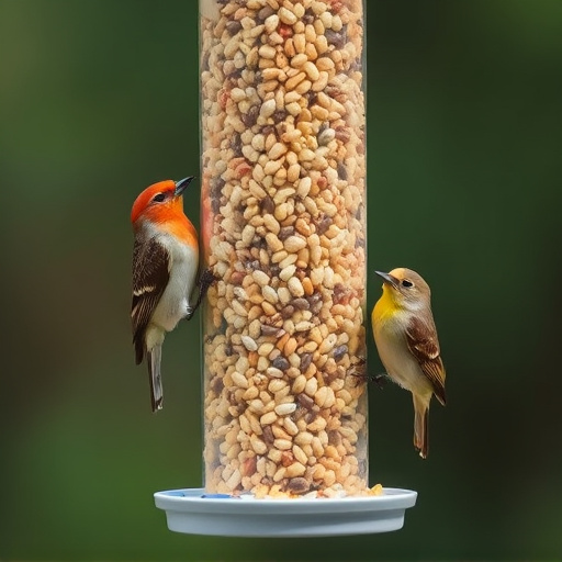 Birds pecking at mixed seed blend