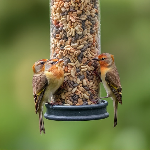 Birds pecking at mixed seed blend