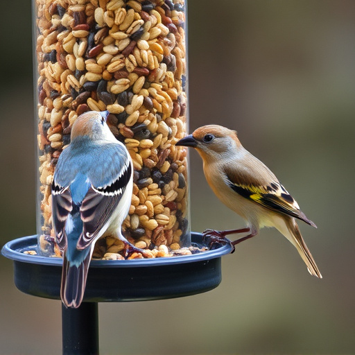 Birds pecking at mixed seed blend