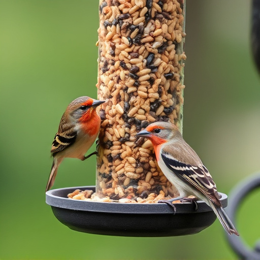 Birds pecking at mixed seed blend
