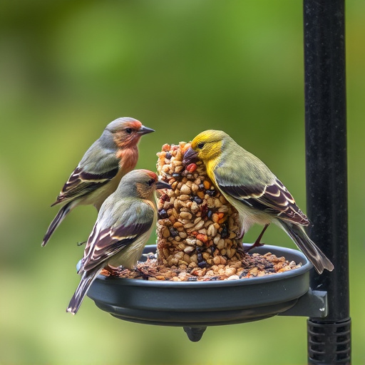 Birds pecking at mixed seed blend
