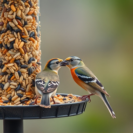 Birds pecking at mixed seed blend