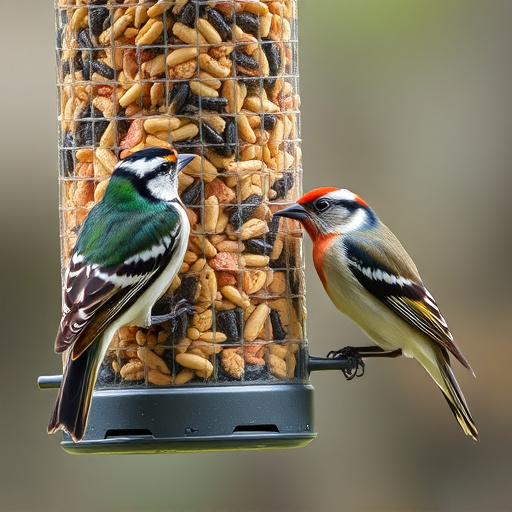Birds pecking at mixed seed blend