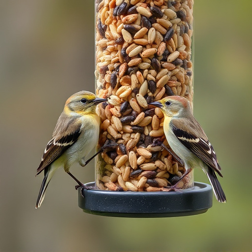 Birds pecking at mixed seed blend