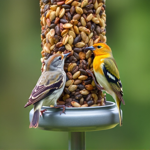 Birds pecking at mixed seed blend
