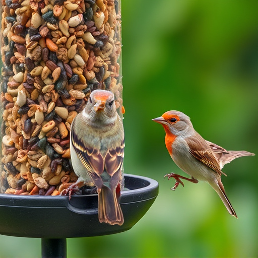 Birds pecking at mixed seed blend