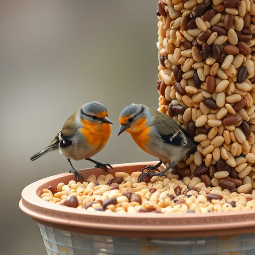 Birds pecking at mixed seed blend