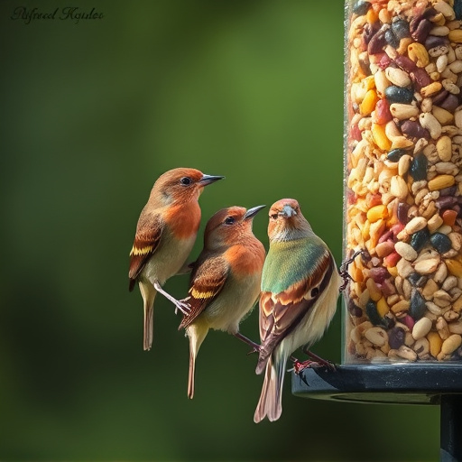 Birds pecking at mixed seed blend