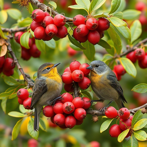 Birds pecking at ripe rowan berries