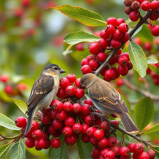 Birds pecking at ripe rowan berries