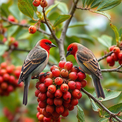 Birds pecking at ripe rowan berries