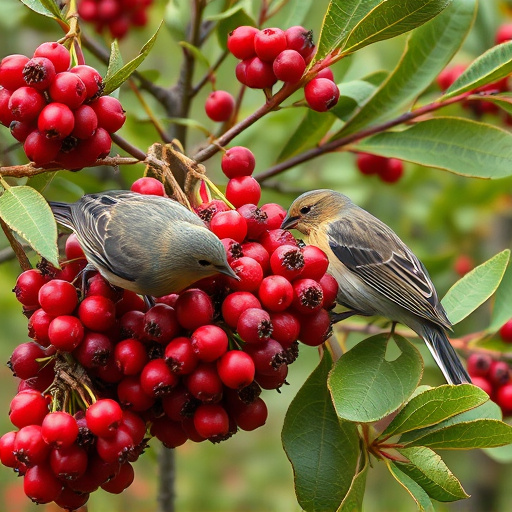 Birds pecking at ripe rowan berries