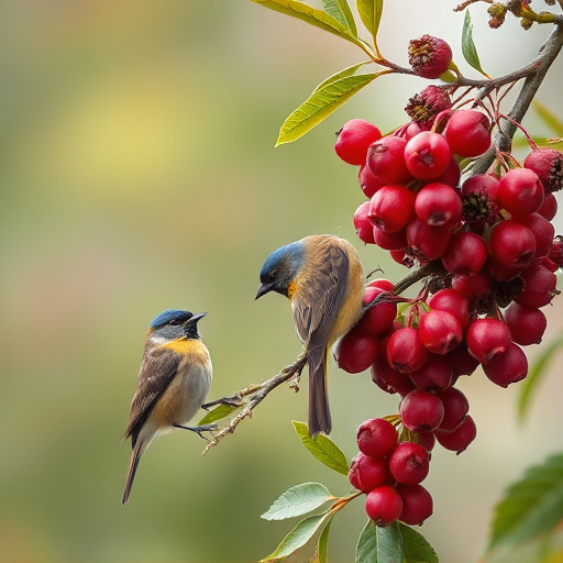 Birds pecking at ripe rowan berries
