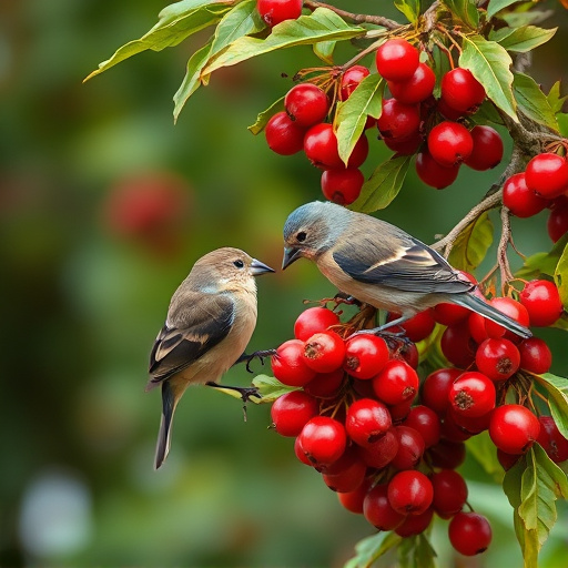 Birds pecking at ripe rowan berries