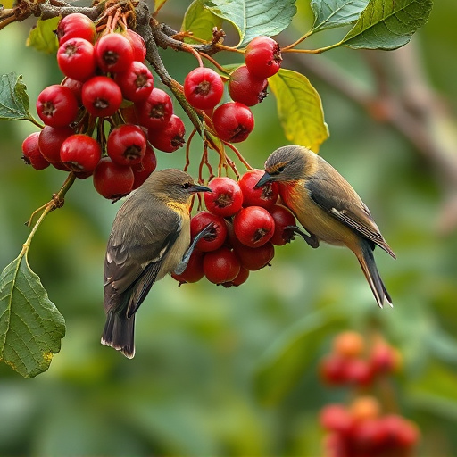 Birds pecking at ripe rowan berries
