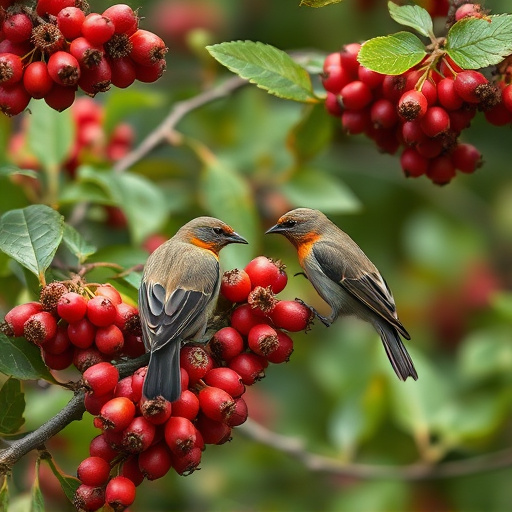 Birds pecking at ripe rowan berries