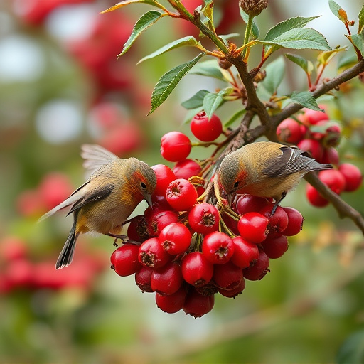 Birds pecking at ripe rowan berries