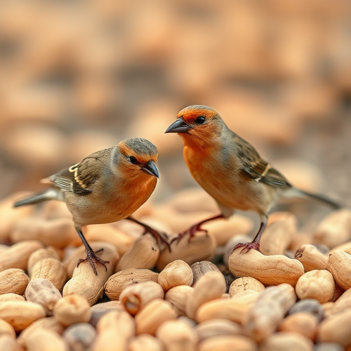 Birds pecking at scattered peanuts