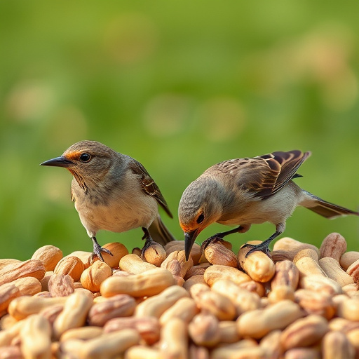Birds pecking at scattered peanuts