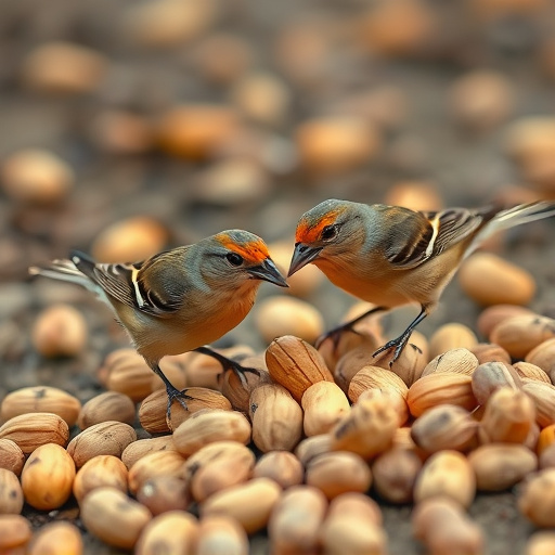 Birds pecking at scattered peanuts