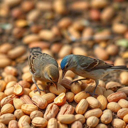 Birds pecking at scattered peanuts