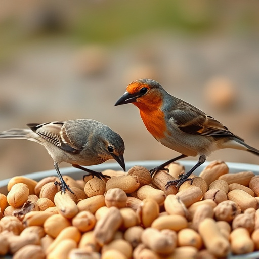 Birds pecking at scattered peanuts