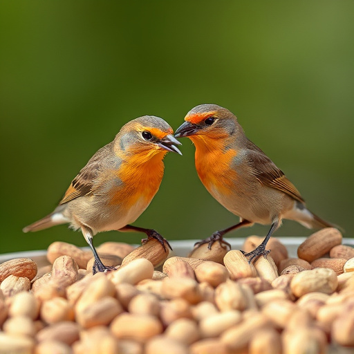 Birds pecking at scattered peanuts